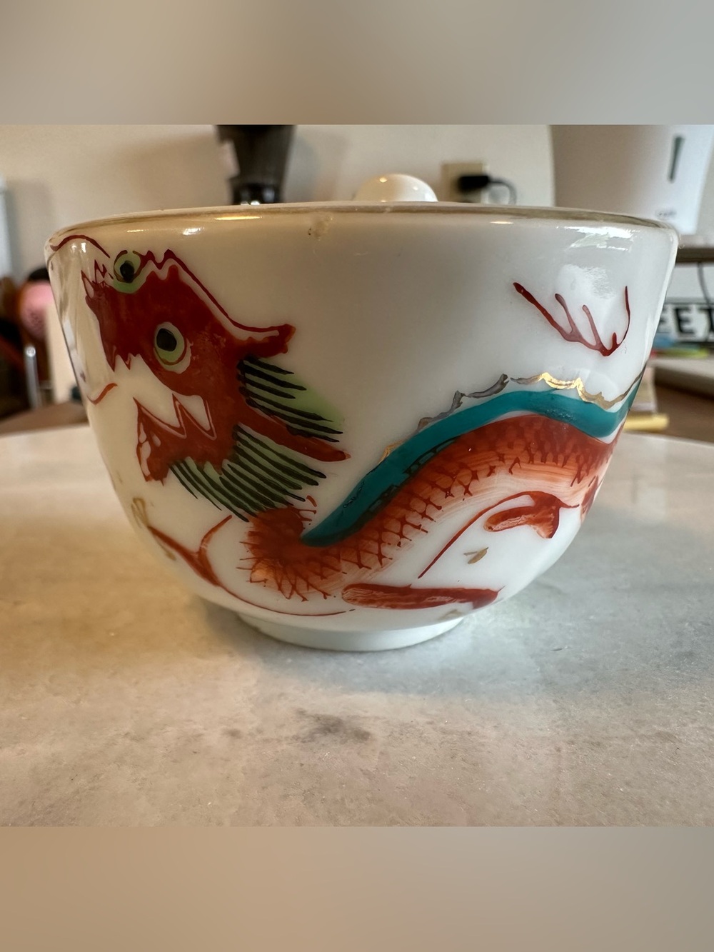 Vintage Chinese Porcelain Hand Painted Lucky Dragon Bowl Mortar & Pestle Herbs